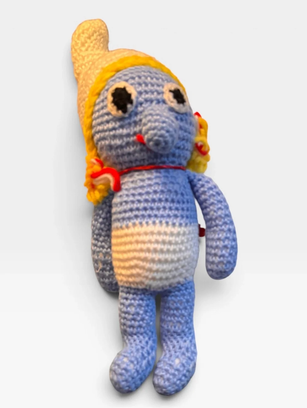 Vintage Handmade Crochet Girl Doll Smurfette Inspired Yarn Plush 15” Folk Art